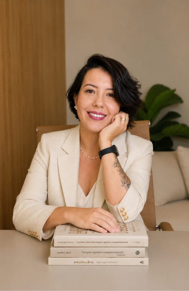 Psicóloga Daiene Mota com livros de psicologia